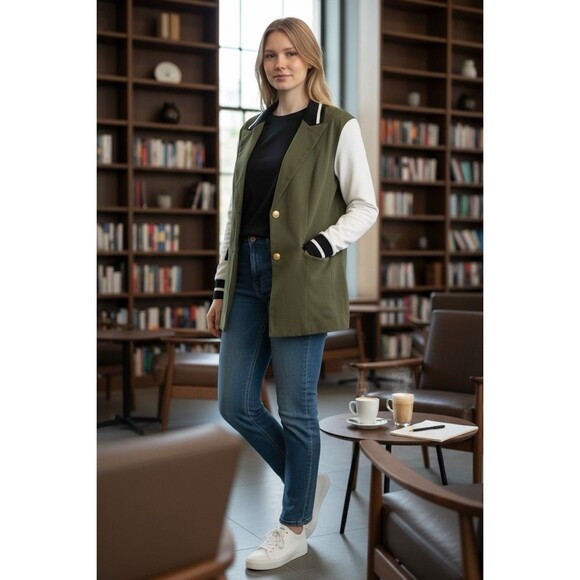 Dolce Cabo Olive Green White Varsity Collegiate Gold Button Long Sleeve Jacket L - Picture 10 of 10